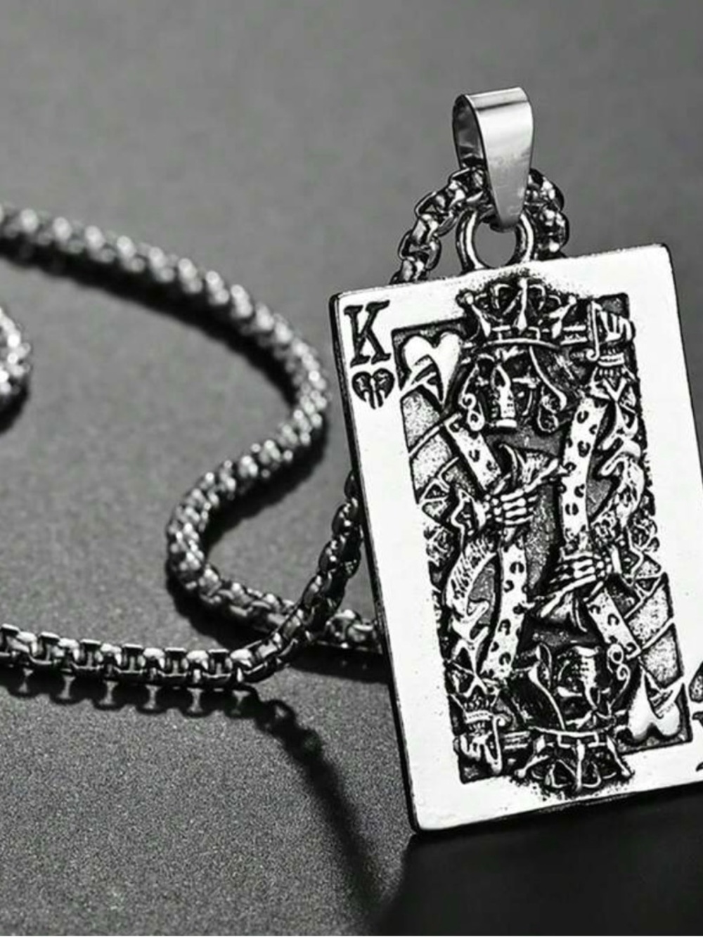 Men's Silver Skull King of Hearts Pendant Necklace - Card Design